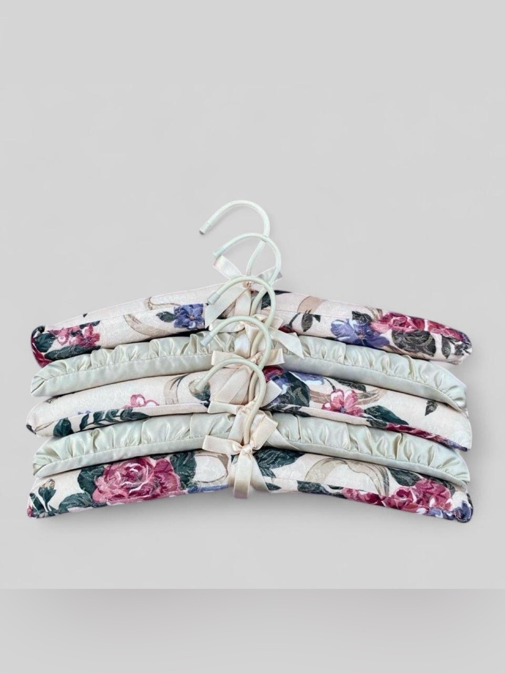 Floral Satin Padded Clothes Hangers Set of 5 Cream Bow Closet Boutique Hangers